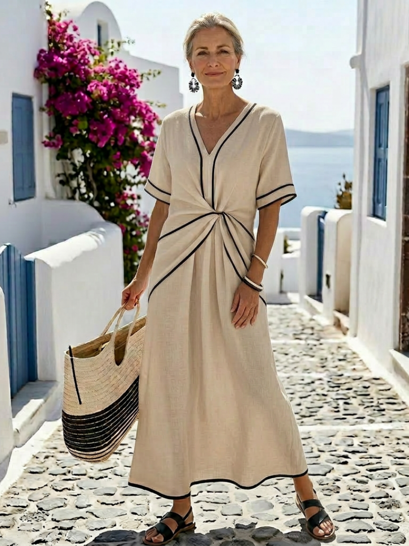 Kaela - V-Neck Short Sleeve Gathered Waist Midi Dress