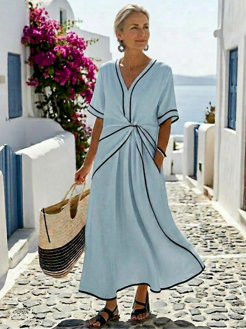 Kaela - V-Neck Short Sleeve Gathered Waist Midi Dress