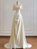 Ivory Satin Strapless Pleats Wedding Dress