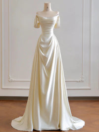 Ivory Satin Strapless Pleats Wedding Dress