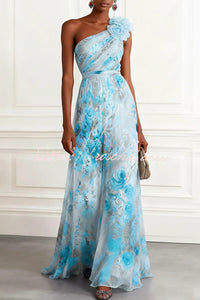 Verne Chiffon 3D Floral One Shoulder Pleated Sleeveless A-Line Gown Maxi Dress
