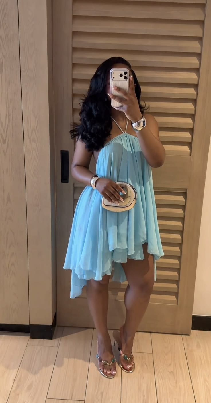 Blue A Line Halter Flowy Chiffon Short Homecoming Dress Outfits US 0