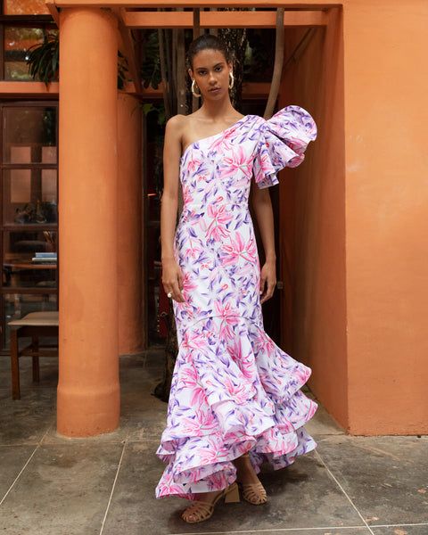 Corocora Dress IN Orquideas IN White Print