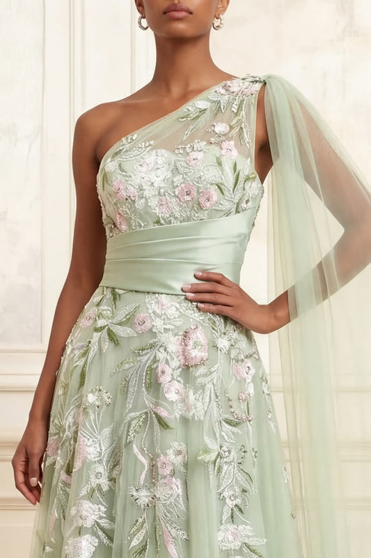 Long Floral Dusty Sage Ruched A Line Prom Dress With Side Cape Dusty