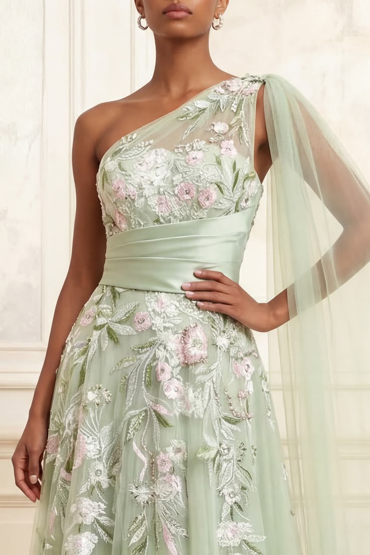 Long Floral Dusty Sage Ruched A Line Prom Dress With Side Cape Dusty