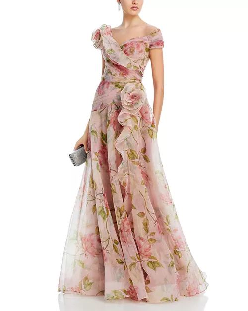 Teri Jon By Rickie Freeman Organza Ruffled Rosette Gown Lavender Multi
