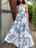 Tropical Print Tiered Maxi Dress Blue 2Xl