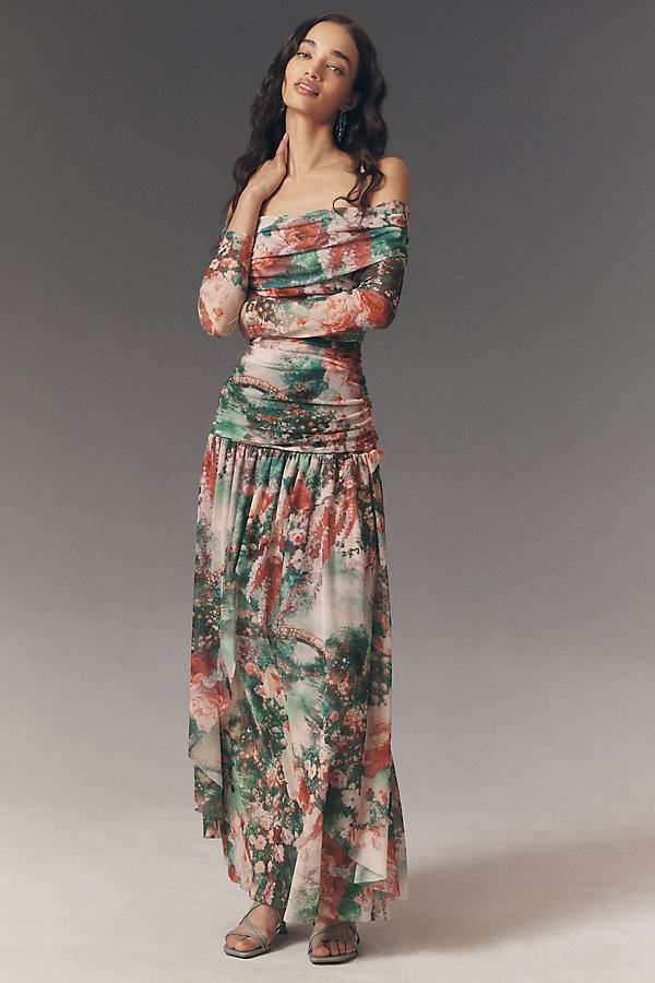 Ivy Off Shoulder Drop Waist Stretch Mesh Maxi Dress