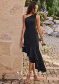 One Shoulder Stretch Crepe Layered Ruffles Bridesmaid Dress S6110B