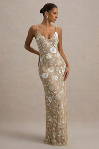 Gemini Floral Sequin Hand Embellished Strappy Maxi Dress