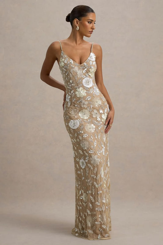 Gemini Floral Sequin Hand Embellished Strappy Maxi Dress