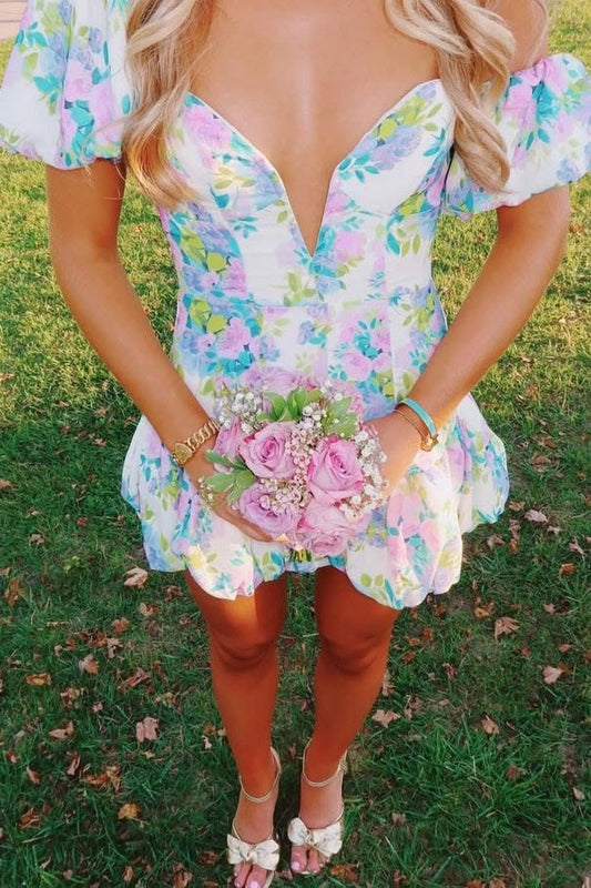 Stunning A Line Sweetheart Blue Printed Short Homecoming Dress With