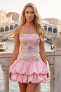 Floral Sky Blue Strapless Tiered A Line Short Homecoming Dress Light