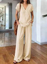 Klarisa Casual V-Neck Linen Two-Piece Set