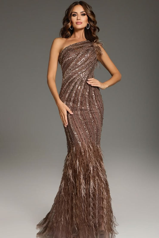 39170 Fitted Formal Long Beaded Evening Feather Dress Coffee