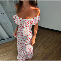 Slash Neck Polka Dot Printed Dress Women Color Blocking Design Elegant