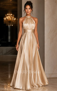 Champagne Halter Satin A Line Formal Gown