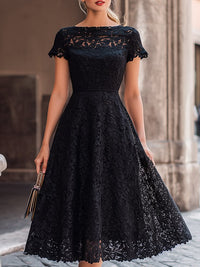Elegant Floral Lace Boat Neck A Line Midi Dress Black