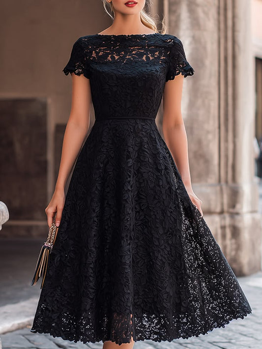 Elegant Floral Lace Boat Neck A Line Midi Dress Black