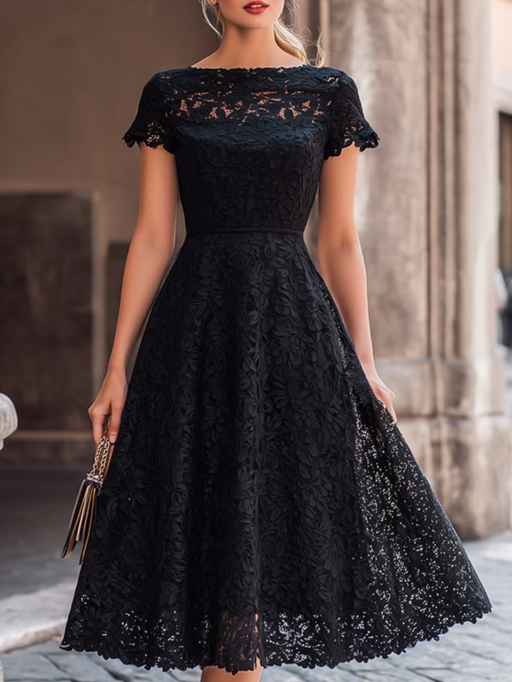 Elegant Floral Lace Boat Neck A Line Midi Dress Black