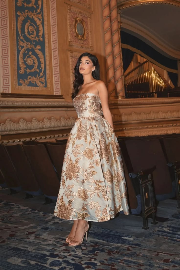 Gold Strapless Brocade Midi Dress With Pockets Bronze