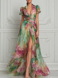 Watercolor Floral Print Puff Sleeve Split Chiffon Maxi Dress Green
