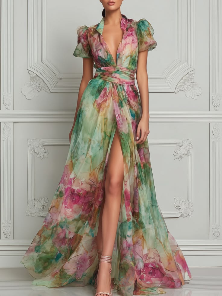 Watercolor Floral Print Puff Sleeve Split Chiffon Maxi Dress Green