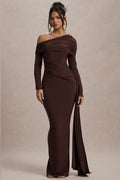 Valina Brown Ruched Asymmetric Maxi Dress With Drape