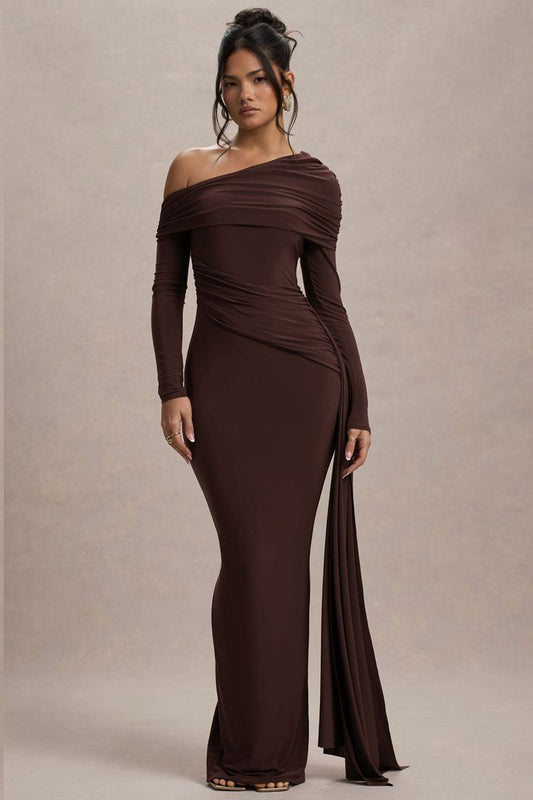 Valina Brown Ruched Asymmetric Maxi Dress With Drape