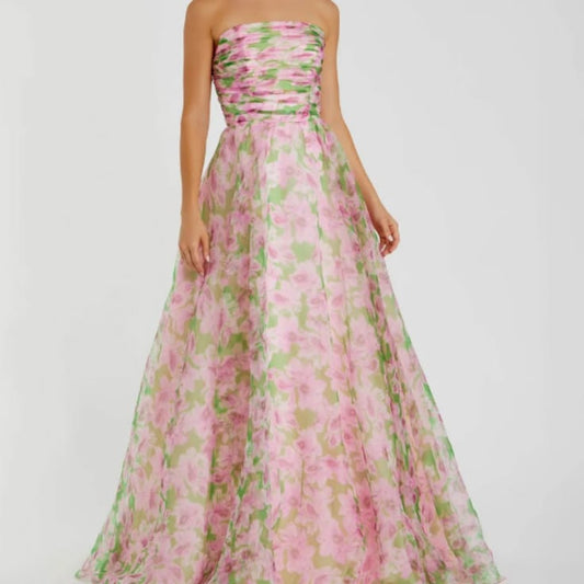 Mac Duggal Dress Macduggal Pink Strapless Floral Chiffon Gown With