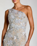 Beige Sleeveless One Shoulder Embellished Lace Gown Mac Duggal