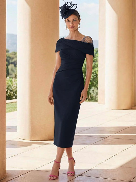 Missacc Dark Navy Cocktail Dress Sheath Column Asymmetrical Sleeveless