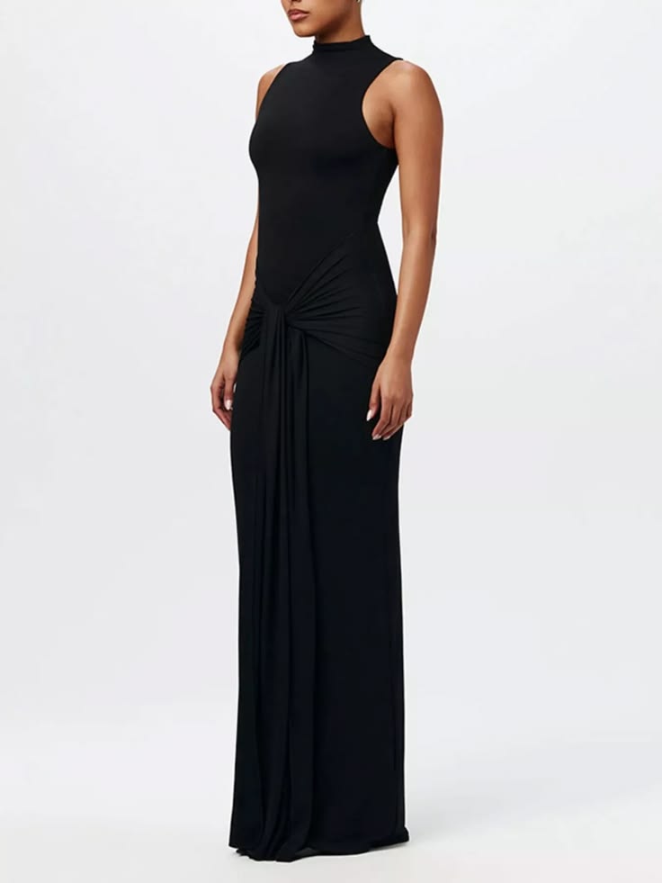 Sleeveless Mock Neck Knot Front Maxi Dress Black