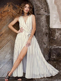 Mia Joy Dress Nwt Size Xl Cream Striped Wrap Maxi Dress With Side Slit