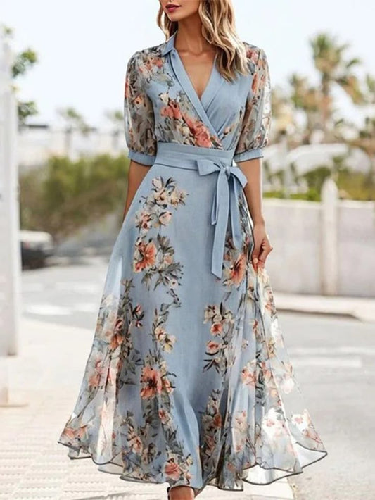Light Mint Floral Wrap Midi Dress With Waist Tie Color: Blue Pink