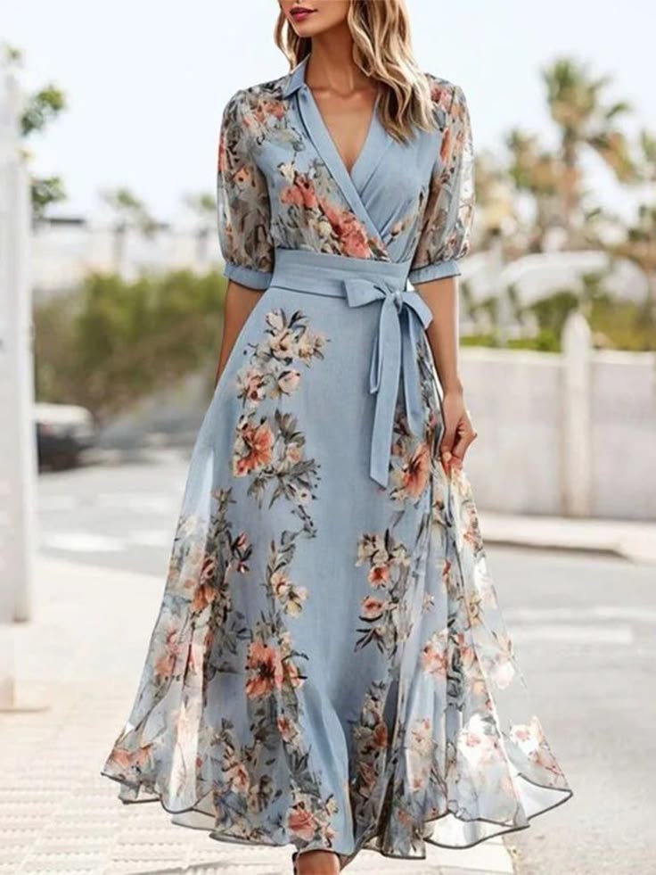 Light Mint Floral Wrap Midi Dress With Waist Tie Color: Blue Pink