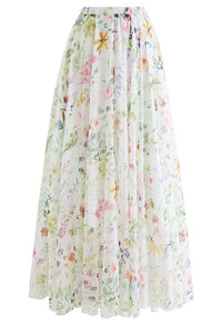 Watercolor Wild Flowers Printed Chiffon Maxi Skirt