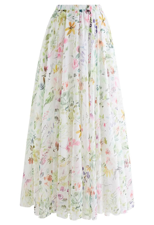 Watercolor Wild Flowers Printed Chiffon Maxi Skirt