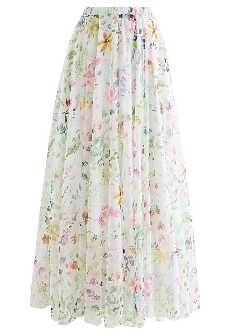 Watercolor Wild Flowers Printed Chiffon Maxi Skirt