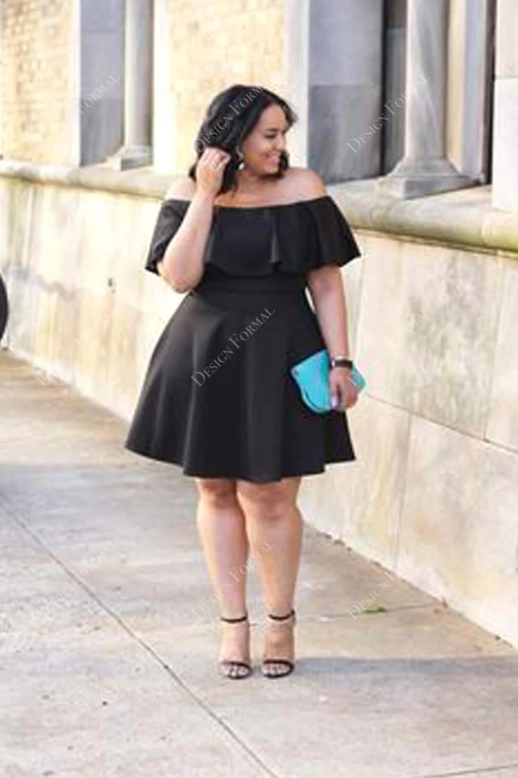 Plus Size Black Satin Off Shoulder Mini Length Homecoming Cocktail