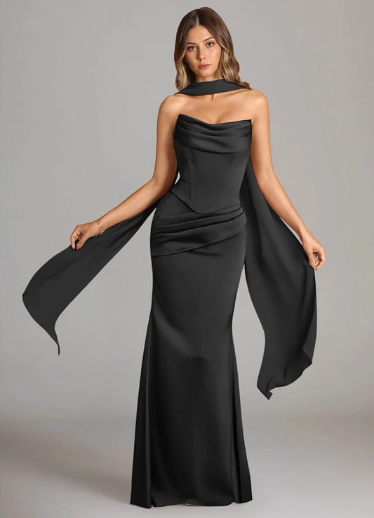 Bridesmaid Dress Chiffon Black Mermaid Strapless Floor Length Black