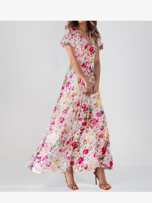 Pink Floral V Neck Maxi Dress #47 Color: Pink White Size: Xxl