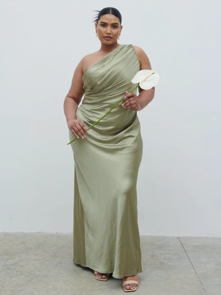 Juliet Ruched Maxi Bridesmaid Dress Curve Matte Olive