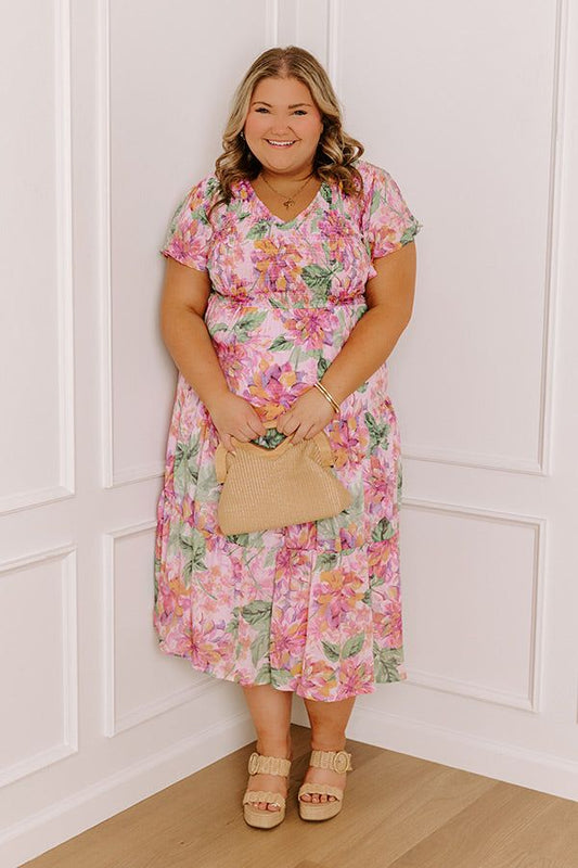 Sunny Sangria Floral Midi Dress In Pink Curves
