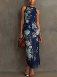 Elegant Slim Fit Dress With Lace Splicing And Floral Print