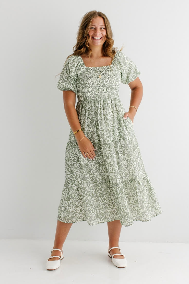 Miami Smocked Bodice Floral Midi Dress