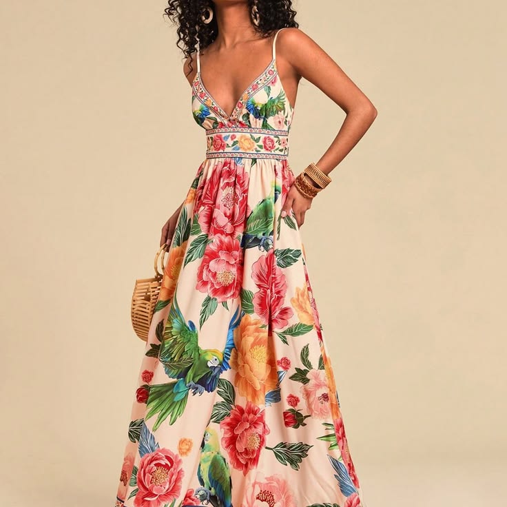 Multicolor Boho Women's V-Neck Maxi Floral Woven Beach Dress