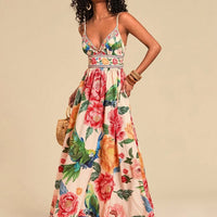Multicolor Boho Women's V Neck Maxi Floral Woven Beach Dress Color:
