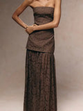 Brown Lace Sheer Skirt Panel Bandeau Maxi Dress Color: Brown Size: 4