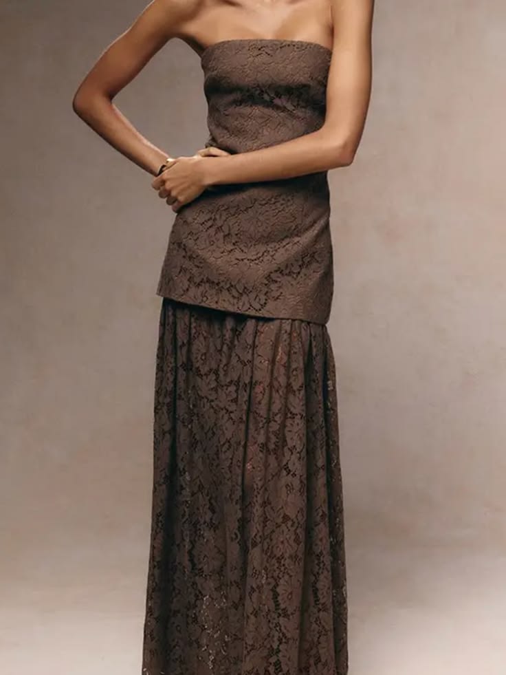 Brown Lace Sheer Skirt Panel Bandeau Maxi Dress Color: Brown Size: 4